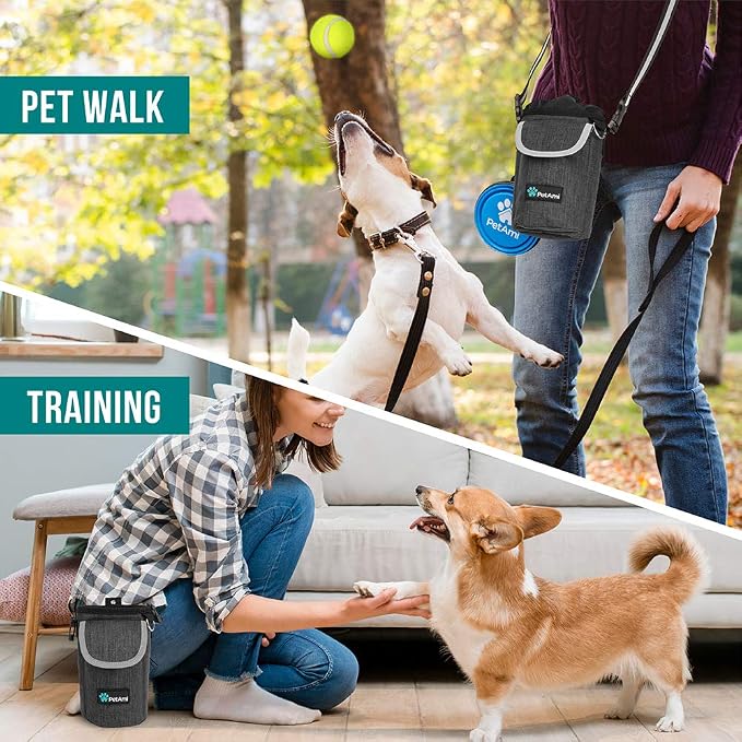 PetAmi Dog Treat Pouch, Large Hands-Free Training Bag, Charcoal | Built-In Poop Bag Dispenser, Holds 3 Cups Of Treats, 4 Ways to Wear, D-Ring, Reflective Strap, Dog Treat Bag for Walking