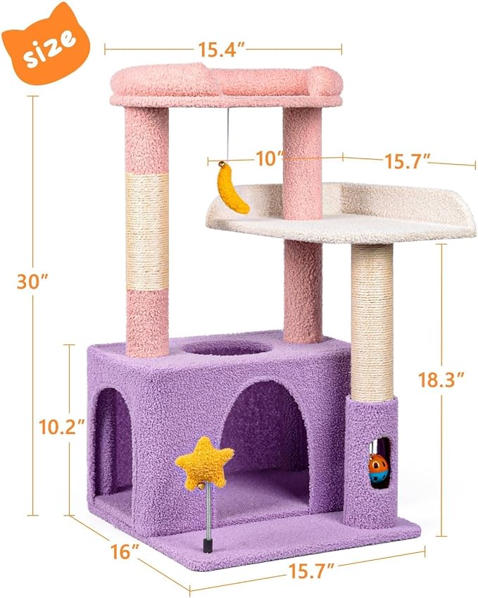 Small Cat Tree, Compact 30" Cat Tower for Indoor Kittens | Plush Finish, Cozy Condo, Soft Top Perch, Sisal Scratching Post, Dangling Ball Toy, Anti-Tip Base, for Cats up to 15 lbs