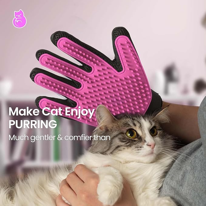 Pet Hair Removal Glove with 255 Silicone Tips for Dogs & Cats, Right Pink | 2-in-1 Deshedding & Massage Mitt, 5-Finger Flexible Design, for Bathing & Grooming, Safe for Long/Short/Curly Hair Pets