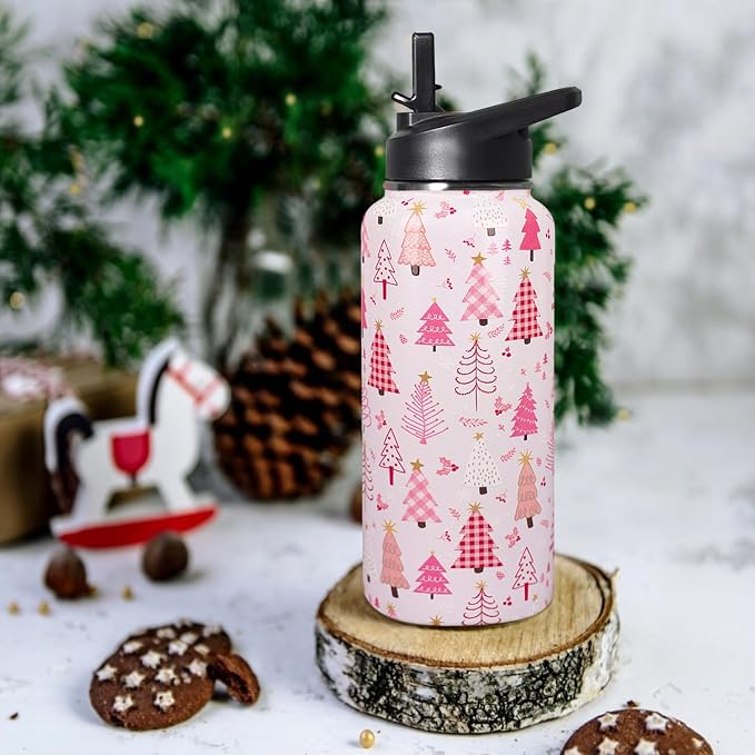 32oz Christmas Tree Insulated Aater Water Bottle with Straw,Pink Gym Hiking Sports Coffee Mug Cup Water Bottles,Christmas Gifts for Women,Christmas Decor Stuff Accessories