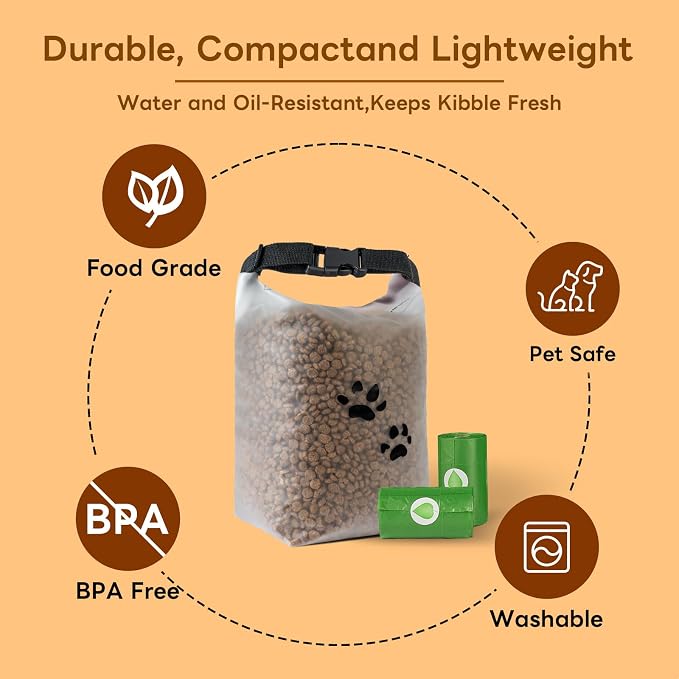 Dog Food Storage Bag with Roll-Top Closure, for Traveling, Camping,Boarding,14 Cups + 195 Poop Bags.