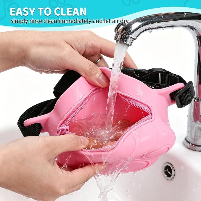 Dog Treat Pouch with Training Clicker and 2 Poop Bags, 1.8 Cup Small Sealable Zipper Silicone Fanny Pack with Waist Belt, Pet Puppy Training & Walking Essentials (Pink)