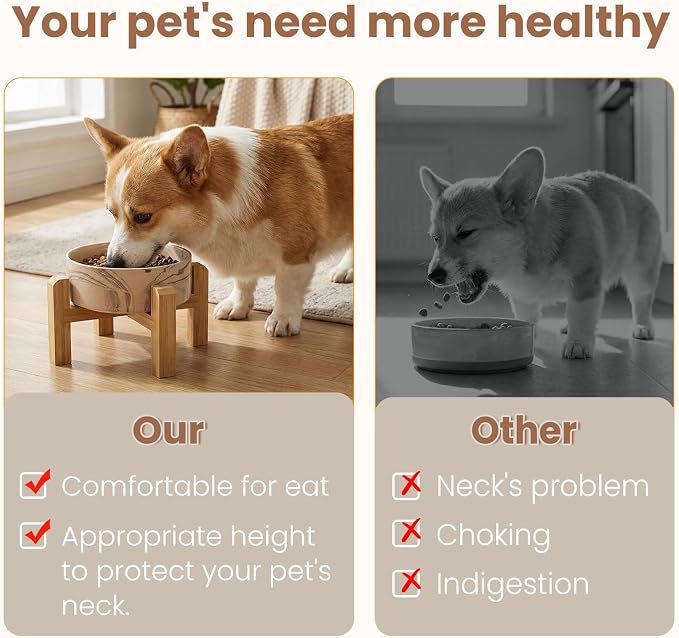 hjn Elevated Ceramic Dog Bowl with Bamboo Stand, Raised Pet Feeding Station for Small Medium Dogs Cats, Modern Design with Anti-Slip Base (Marble Brown, 3.6Cup)