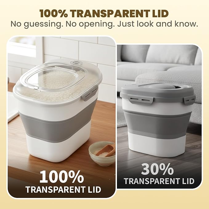 HOYTAMDAR 50Lbs Collapsible Rice Container,Airtight Food Storage container | Rice Storage Container with Clear Lid,Wheel,Date Tracker,2pcs Bins&Measuring Scoop,Rice Dispenser for Pet Food Rice Flour