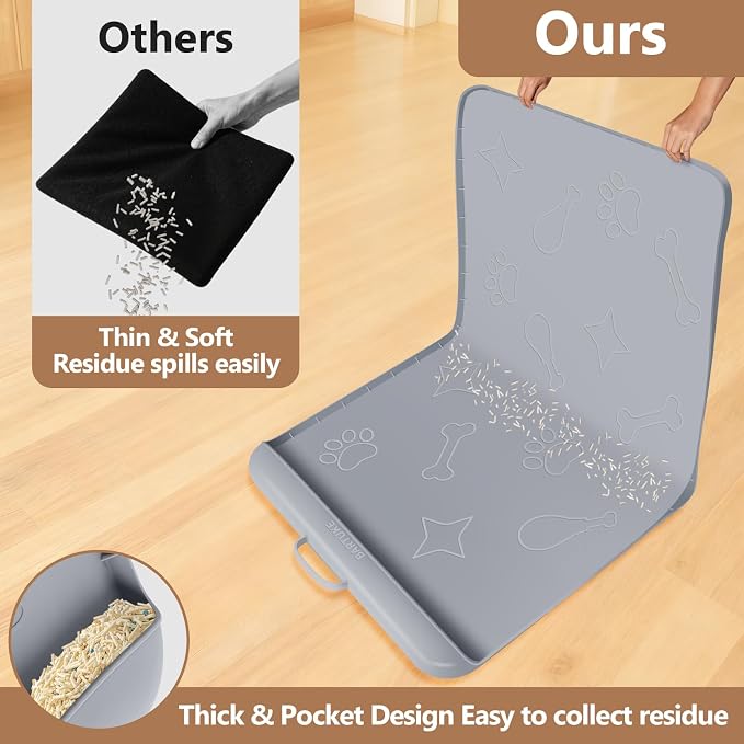 Cat Litter Mat for Litter Box 42" x 28", Large Silicone Mat, Light Grey | Waterproof Litter Trapping Mat with Residue Collection Pocket, Raised Edge, Non-Slip Pet Placemat for Floors