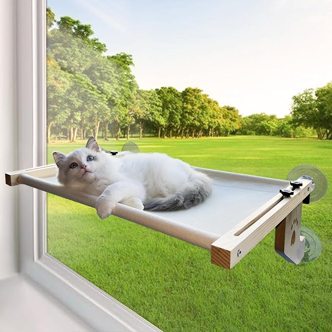 Cat Sill Window Perch Hammock Sturdy Solid Wood Frame for Large Cats Easy to Assemble&Adjust Bed Windowsill, Bedside, Drawer and Cabinet(Gray), cat window perch - gray