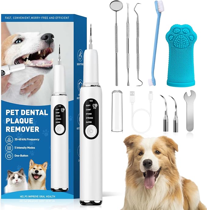 Dog Teeth Cleaning Kit Dog Plaque and Tartar Remover with LED Light 5 Adjustable Modes Electric Toothbrush Pet Teeth Cleaner for Dogs and Cats (White and Blue Finger Cots)
