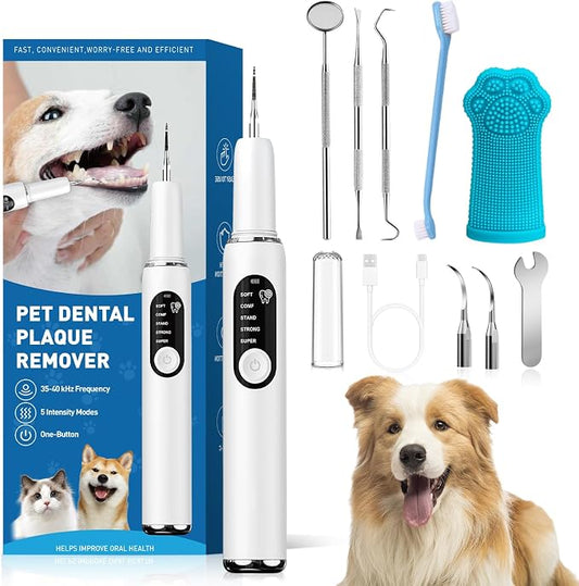 Dog Teeth Cleaning Kit Dog Plaque and Tartar Remover with LED Light 5 Adjustable Modes Electric Toothbrush Pet Teeth Cleaner for Dogs and Cats (White and Blue Finger Cots)