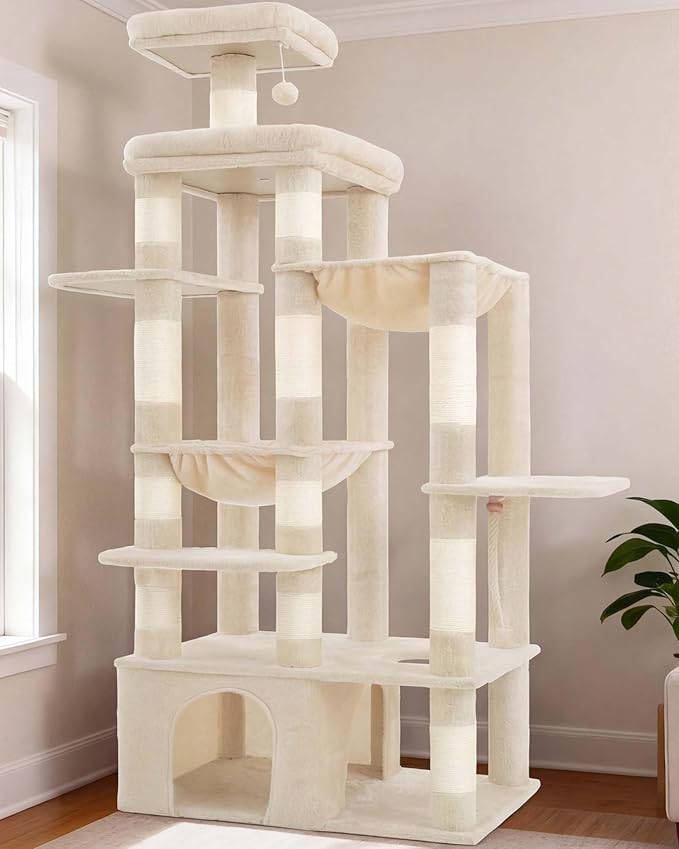 Heybly Cat Tree, 71-Inch Tall Cat Tower for Large Maine Coon Cats HCT03MG | Cat Condo Furniture with Extra-Large Baseboard, Multi-Level Platforms, 2 Hammocks and 12 Scratching Posts, Beige
