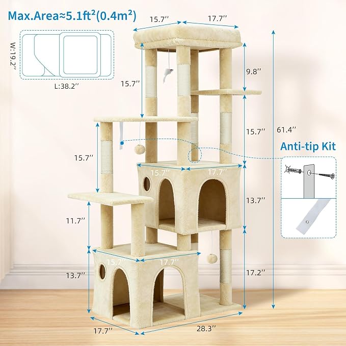 61" Large Cat Tree Tower for Indoor Cats, Heavy-Duty Multi-Level Cat Condo for Maine Coon & Big Cats with Extra-Large Perch, 2 Spacious Houses, Sisal Scratching Posts & Hanging Toys - Beige