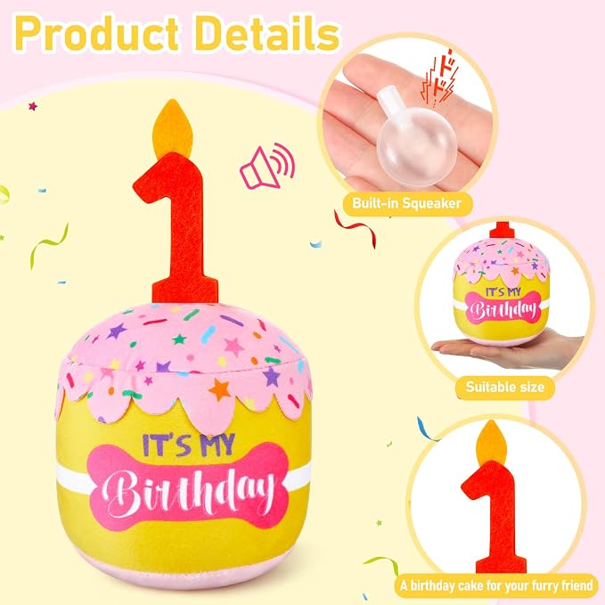 Dansydaisy Dog Birthday Cake Toy Squeaky Plush Toy for Girl Boy Gifts, Chew Accessories for Dog Birthday Party Decor Favor for Large, Medium and Small Dogs(1st,Pink and Yellow)