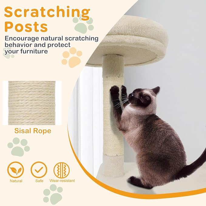 Multi-Level Cat Tree Tower, 48 Inches Tall with Sisal Scratching Posts, Condo, Tunnel with Dangling Ball Inside, Padded Top Perch, Multiple Jumping Platforms, Ideal for Indoor Cats (Beige)