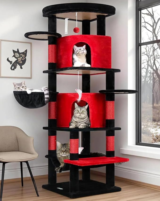 Globlazer 66in Gothic Corner Cat Tree for Indoor Large Cats, C66, Black Red | Space-Saving Stable Goth Cat Tower with 6 Scratching Posts, 2 Large Fan-shaped Condos & Top Perch, Hammock, Climbing Steps