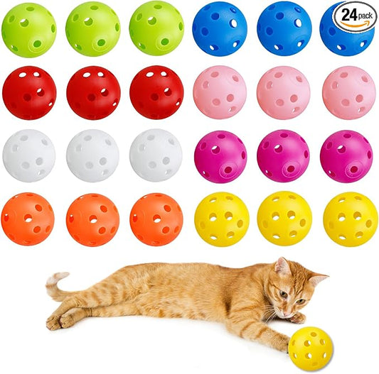 24Pcs Cat Ball Toy, Low Noise No Bells Holey Plastic Cat Balls, Funny Interactive Cats Toys for Indoor Cats, Firm Toy Balls for Kitten Puppy Ferret Bird (1.65")