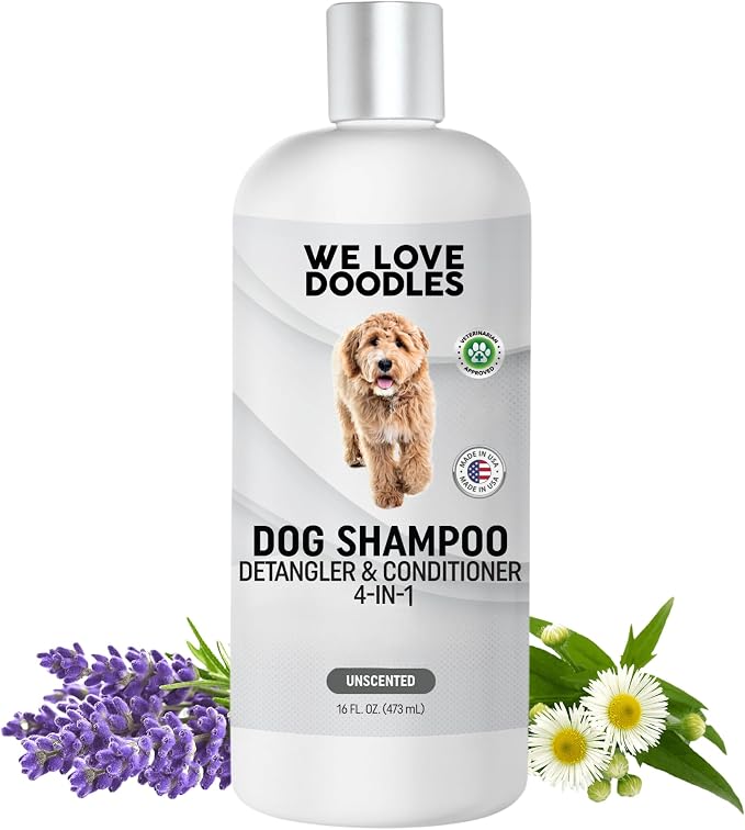 Dog Shampoo Conditioner & Detangler, Hypoallergenic Tearless Unscented 16OZ | For Sensitive Itchy Skin, Best Shampoo For Smelly Dogs, Goldendoodle, Poodle & Doodle, Puppy Pet Wash Soap, USA Made, 4-in-1