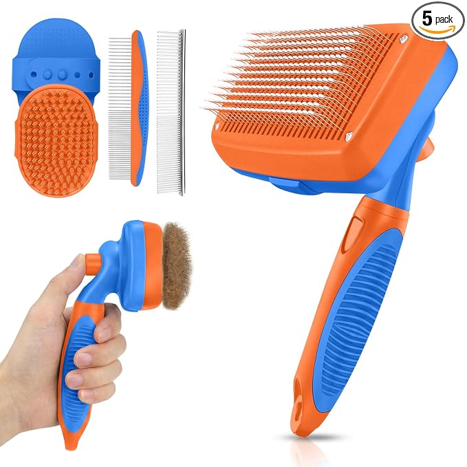 Self Cleaning Shedding Brush - 5-in-1 Professional Pet Grooming Kit Skin Friendly Grooming Tool for Dogs, Cats, and Puppies, Deshedding and Hair Removal for Long and Short Haired Pets,（Blue-Orange）