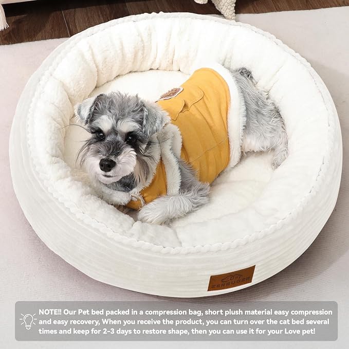 Zerbuger 23in Cream Round Cat Dog Bed Gift for Large Medium Small Dogs Cats, Machine Washable Sleeping Sofa, Non-Slip Bottom Breathable Soft Calming Pet Cuddler for Indoor/Outdoor/Car/Cage
