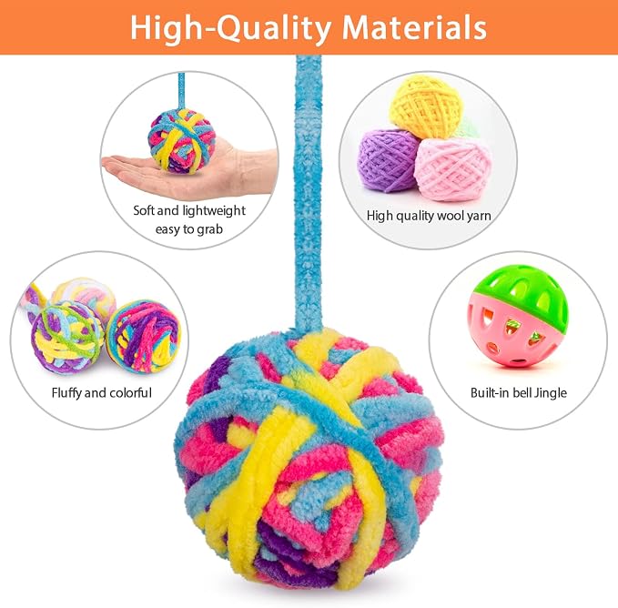 Retro Shaw Cat Toys Balls with Bells Inside, Kitten Toys Pack 6Pcs | Woolen Yarn Cat Balls, Soft Pompom Jingle Ball with String, Interactive Kitty Nip Toys for Indoor Cats