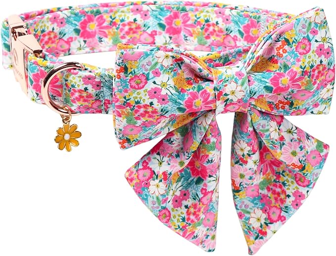 Floral Dog Collar for Girl Dogs, Spring Summer Pink Flower Dog Collar with Bowtie- Adjustable Female Sailor Bow Dog Collar for Large Dogs XL