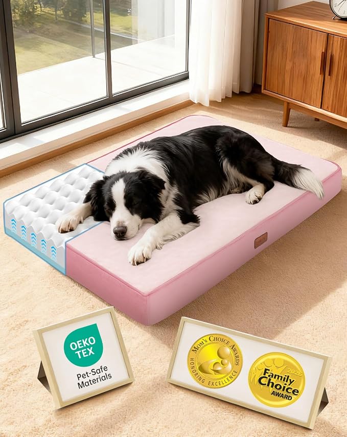 OhGeni Orthopedic Waterproof Dog Bed for Medium Large Dogs, Machine-Washable Removable Cover in Easy-Clean Fabric, Reversible Memory Foam & Easy-Carry Handle, Wider and Larger, 36 inch (Pink)