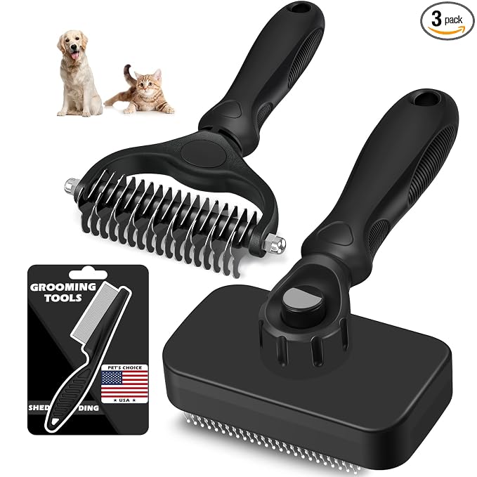 Professional 3PCS Self Cleaning Slicker Brush & Pet Grooming Rake & Flea Comb for Dogs,Cats and Horses | Double-Sided Dematting Comb & Skin Friendly Deshedding Grooming Tool | Pet Supplies (Black)
