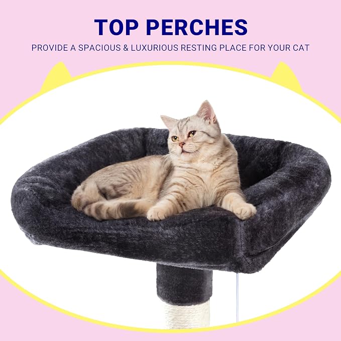 Allewie 73in Fan-Shaped Space-Saving Corner Cat Tree Tower, Dark Grey | Multi-Level Tall Cat Tree for Indoor Cats, Cozy Baskets, Condos, House, Perches, Sisal Scratching Posts, Pet Activity Center