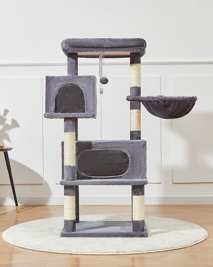 Taoqimiao Cat Tree, 49In Cat Tower for Indoor Cats Large Adult | 2 Luxurious Cat Condos, Thick Padded Top Perch, Adjustable Hanging Baskets, 5 Scratching Sisal Posts, Smoky Gray MS029LG