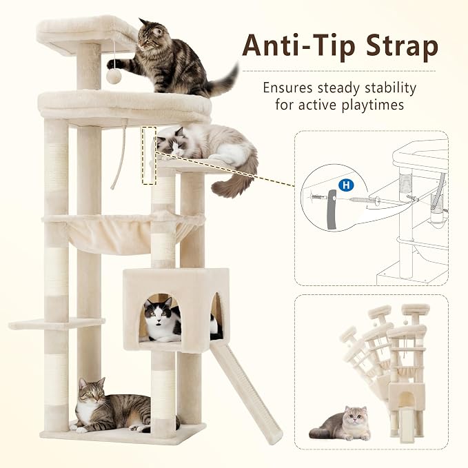 Heybly 64.2" Heavy-Duty Cat Tree for Large Cats with Wide Base HCT027M | Indoor Cat Tower with Scratching Posts & Board, Cat Furniture with Big Platforms, Extra-Large Hammock, Beige