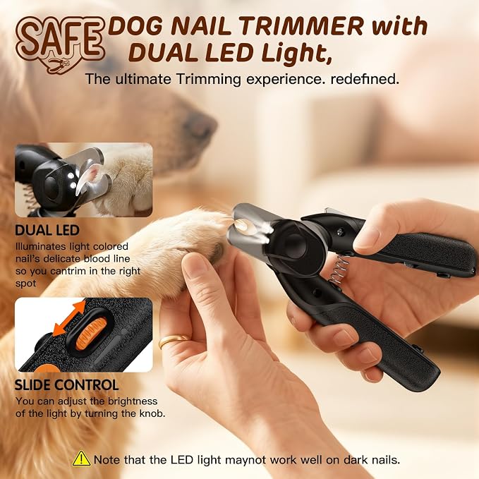 Dog Nail Clippers with Lights, Safe & Stress-Free for Sensitive Pets | Dual LED Lights, Safety Side Lock, Nail File, Anti-Slip Handles,Painless Pet Nail Trimmer for Large & Medium Dogs & Cats Claw