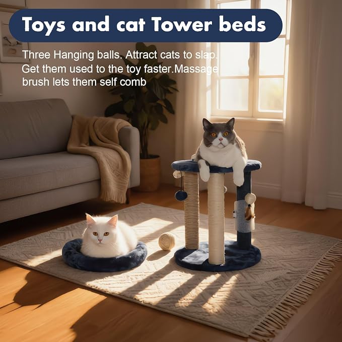 MECOOL Cat Scratching Post Tree with Tower Soft Bed.Natural Quality Sisal Carpet Jute Scratch Posts with Three Hanging Ball Toys and Massage Brush for Indoor Cats and Kittens Blue