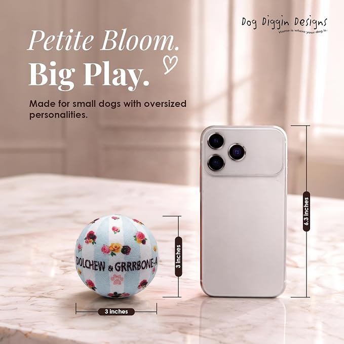 Dog Diggin Designs Dolchew & Grrrbone Plush Squeaky Dog Toy Ball | Luxury-Inspired Parody Designer Ball with Squeaker, Soft Plush Fetch Dog Toy – Prêt-à-Porter Play!
