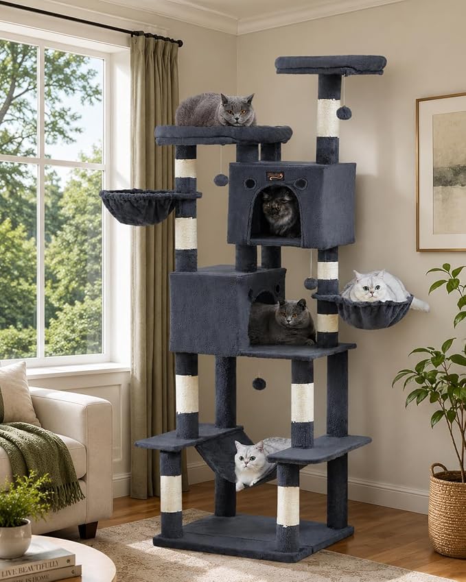74in Cat Tree Tower for Indoor Cats, Multi-Level Design Dark Gray | 2 Roomy Condos, 2 Cozy Baskets, 2 Padded Perches, 9 Sisal Scratching Posts, Hammock, Hanging Toys, Wide Base, Easy Assembly