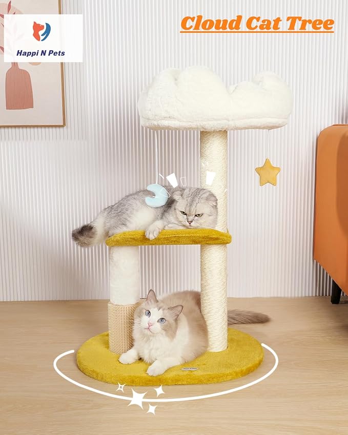 Cloud Cat Tree, 31.5in Multi-Level Indoor Cat Tower with Scratching Posts, Viewing Perch, Removable & Washable Cushions, Cat Activity Tree with Dangling Toy | Removable & Washable Cat Bed, Cat Activity Tree, Cute Dangling Toys, Easy To Clean, Stable St...