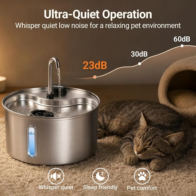 Cat Water Fountain, 118oz/3.5L Stainless Steel Cat Fountain with Ultra-Quiet Pump, LED Water Level Window, Automatic Cat Water Dispenser, 6-Layer Filtration Includes 2 Replacement Filters