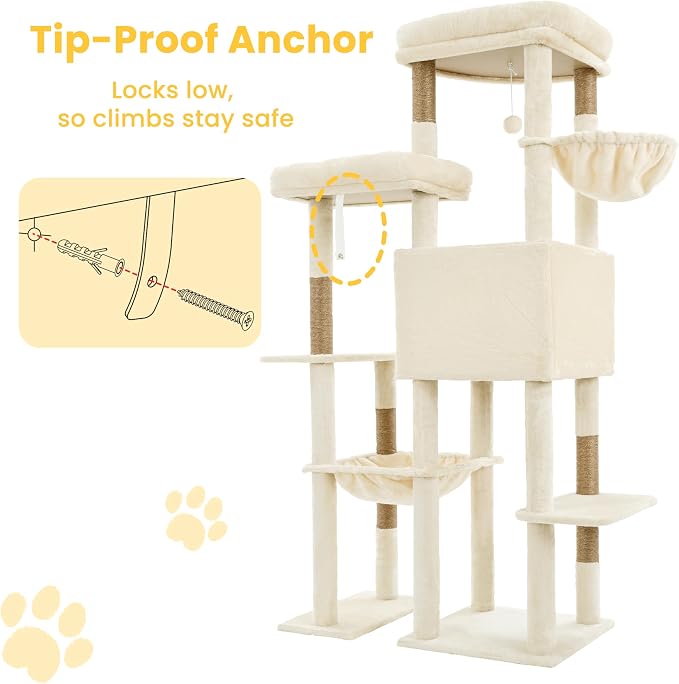 65" Cat Tree Tower, Anti-Tip Cat Condo for Indoor Cats VCT012MJ | Cat Furniture with Extra Wide Baseboard & Large Perch, 2 Hammocks, Cozy Condo, 7 Sisal Scratching Posts, Beige