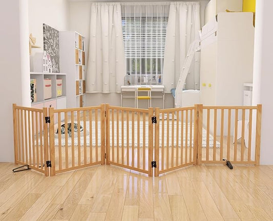YOCAN Non-Painted Wooden Freestanding Dog Gates for The House, Doorways, Stairs,Wood Pet Fences Indoor Pet Gate,Step Over Fence-5 Panels L:115" H:23"