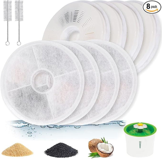 8-Pack Cat Fountain Replacement Filters for 3L Flower Water Dispenser, Triple Filtration with Activated Carbon & Ion Exchange Resin, Soft Water for Urinary Health Support + 2 Cleaning Brushes