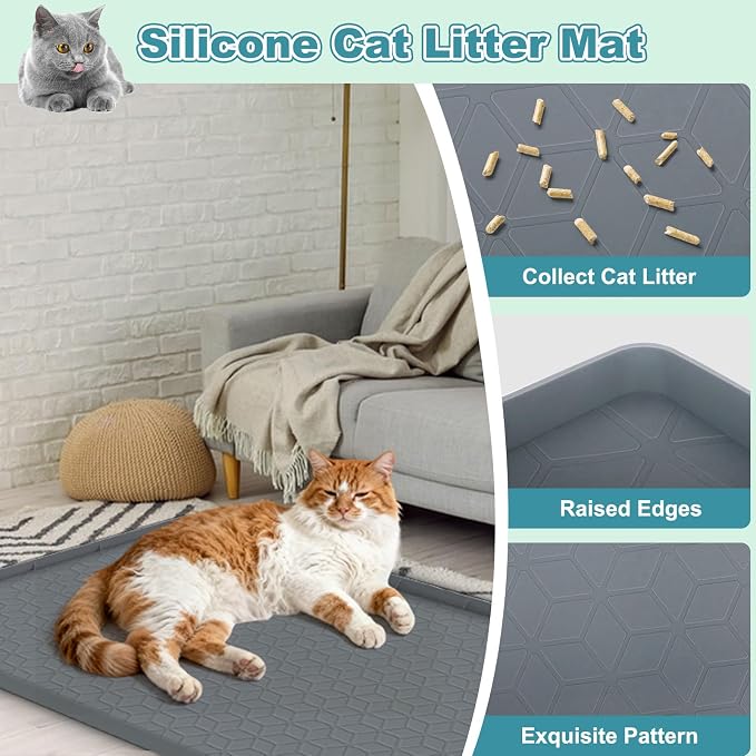 Cat Litter Mat Litter Trapping Mat, Silicone Cat Litter Box Mats for Floor, Non-Slip Litterbox Mat with Raised Edge, Easy Clean Pet Feeding Mat for Indoor Cats 34" X 22" Gray