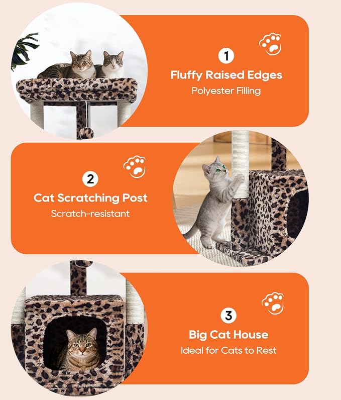 SYANDLVY 27" Cat Tree for Indoor Cats, Activity Tower with Scratching Posts, Modern Kitten Condo with Plush Perch & Hanging Ball for Play, Leopard Print