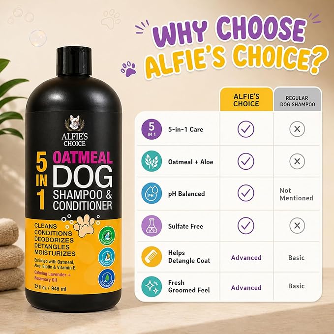 Oatmeal Dog Shampoo and Conditioner for Sensitive Skin with Aloe 32 fl oz | 5 in 1 Puppy Shampoo for Itchy, Sensitive Skin | Cleans, Conditions, Deodorizes & Moisturizes For All Breeds | ALFIE'S CHOICE