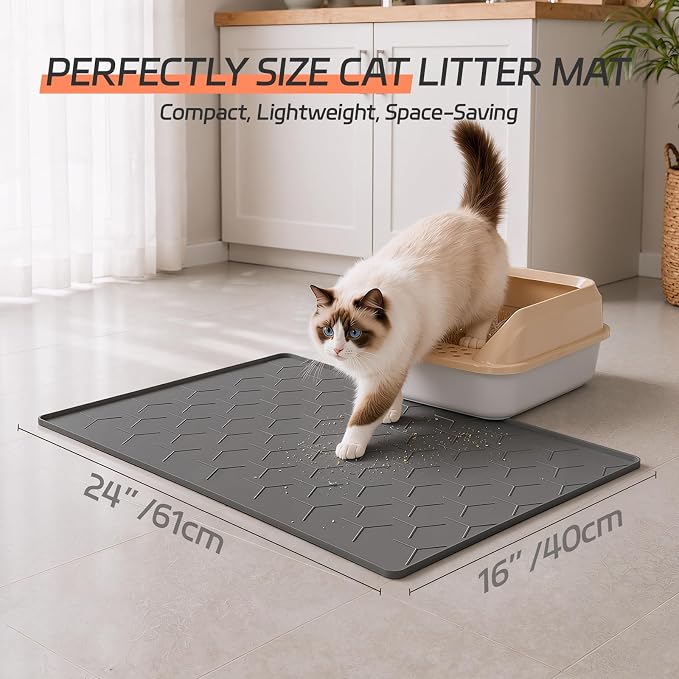 Bulkniu Silicone Cat Litter Mat, 24"x16", Raised Edge Waterproof, Dark Grey | Litter Trapping & Recycling, Easy to Clean, Non-Slip, Durable Safe & Odorless, Paw Friendly