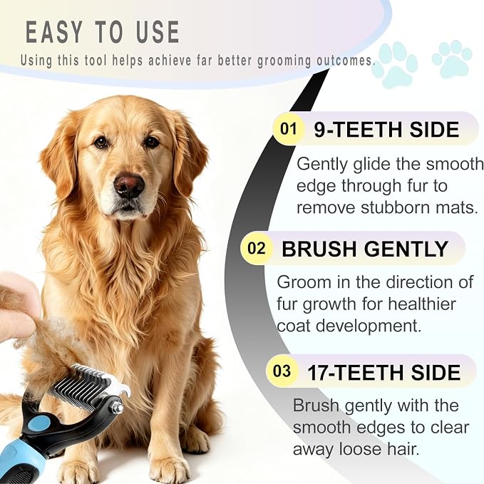 Dog Deshedding Rake for Shedding, Double-Sided Grooming Tool for Dogs & Cats, Gentle Skin-Friendly Pet Brush for Long and Short Hair Breeds, Removes Loose Hair and Keeps Coats Healthy (Brush)