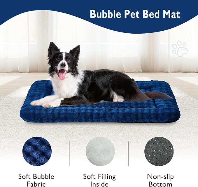 Dog Bed Mat Crate Pad for Large Dogs, Navy Blue, 36"x 23" | Washable Soft Pet Sleeping Mat, Anti-Slip Kennel Pad with 3D Bubble Pattern