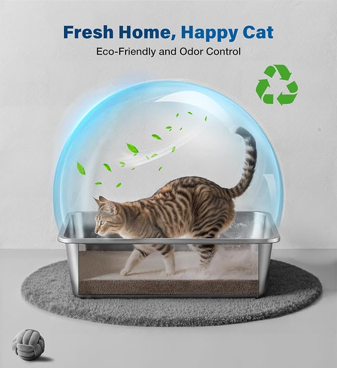 Qiuma 2 Packs Stainless Steel Cat Litter Box, 17.5" L×13.6" W×5.9" H, Metal Kitty Litter Box with High Sided for Small Cats, Non-Stick, Easy to Clean, Odor-Free