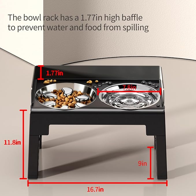 Elevated Dog Bowls with Stainless Steel Slow Feeder Bowl for Medium and Large Dogs, Spill-Proof Tiltable Dog Feeder with 2 Bowls, 6-Height Adjustable Raised Dog Bowl Stand