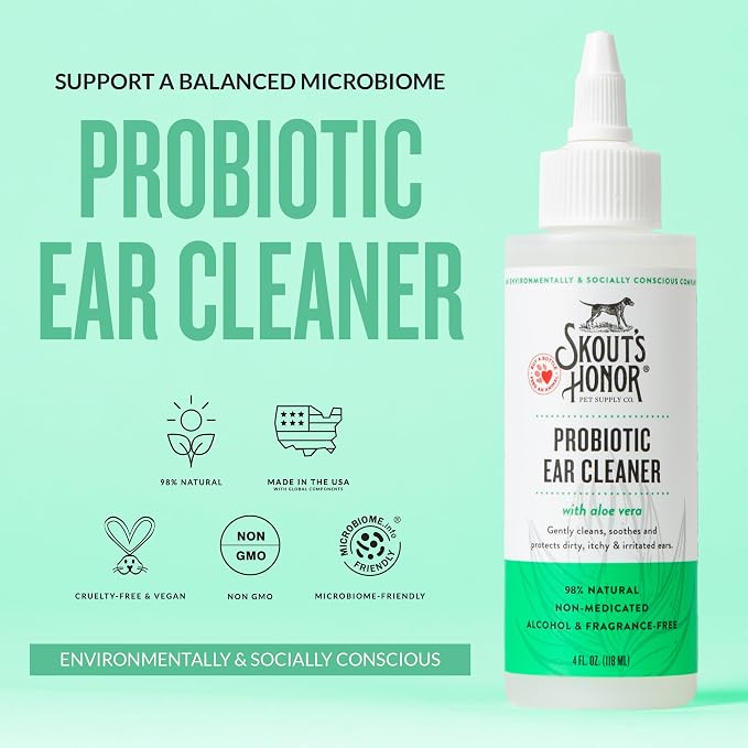 SKOUT'S HONOR Probiotic Dog Ear Cleaner, 4 oz | Non-Medicated Gentle Ear Cleaning Solution for Itchy Ears, Microbiome-Friendly with Aloe Vera, Alcohol-Free, Unscented