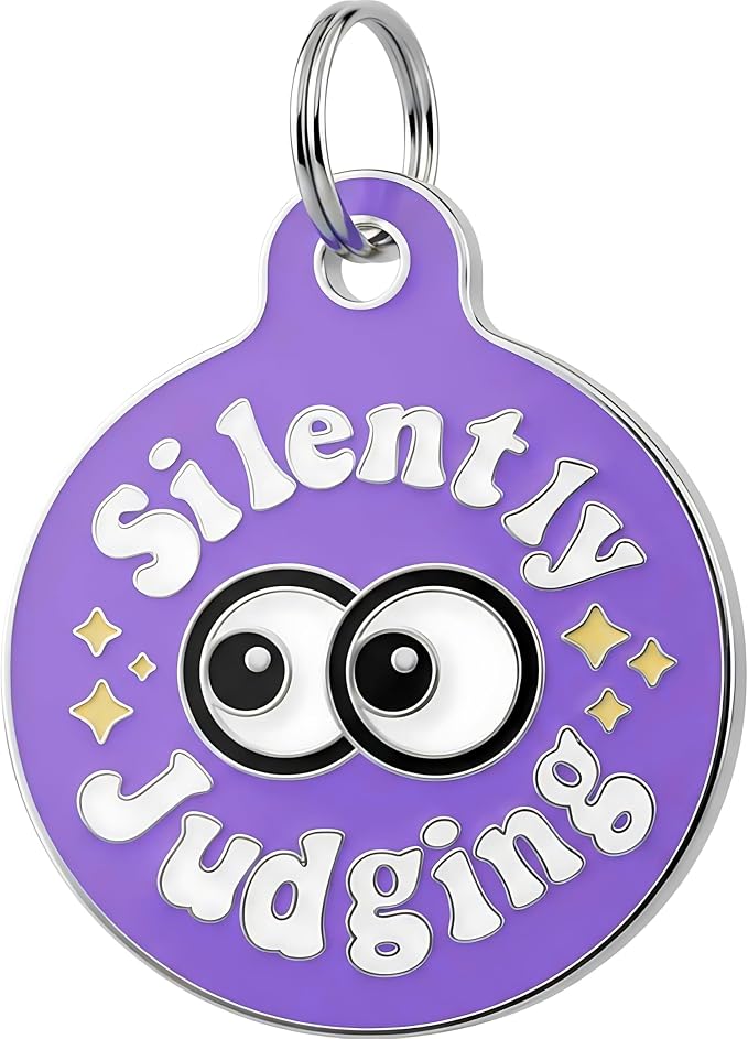 Bad Tags Personalized Dog and Cat ID Tags in 25+ Designs and 2 Sizes - 5 Lines of Custom Engraved Text - Funny Cute Personalized Pet Tags (Silently Judging - Purple, Small (1 inch))