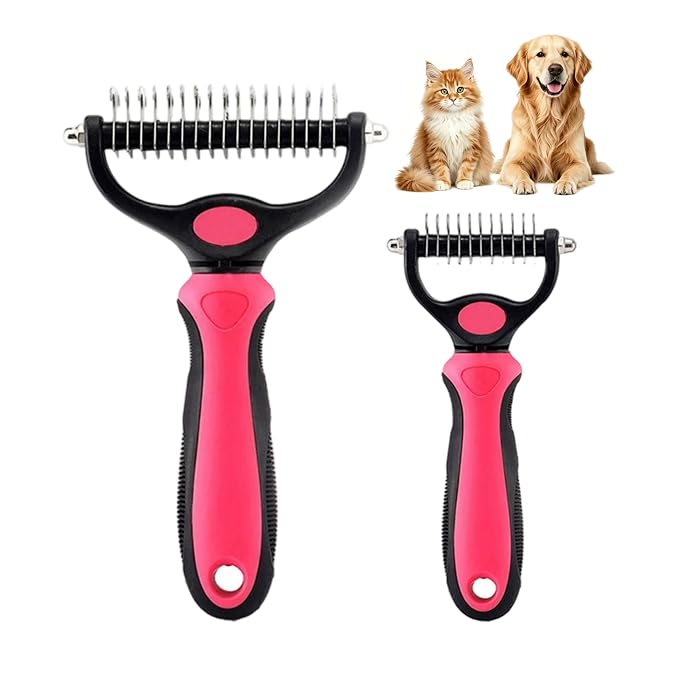 Dematting Comb for Dogs and Cats, Undercoat Rake Pet Brush for Long Hair, Deshedding Dog Brush Removes Tangles Knots and Loose Fur, Grooming Tool for Thick Coats (Pink M+L)