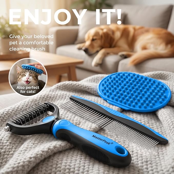 3-in-1 Pet Grooming Kit Rake Metal Comb & Bath Brush Blue | Double-Sided Dematting Undercoat Rake, Deshedding Metal Comb, Bath Brush For Dogs and Cats