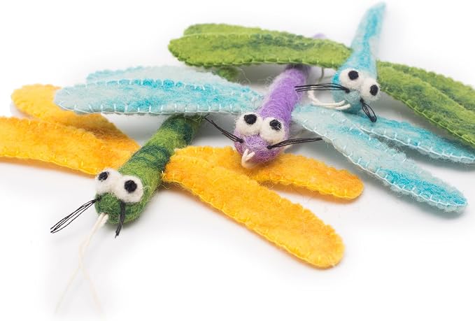 Glaciart One Cat Wand Toy Refill – 3pcs Wool Dragonfly Felt Cat Toy, Durable Lures Attachments for Indoor Play - Filled w/Organic Catnip to Excite/Calm Pet